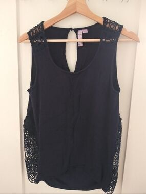 Navy Blue Crochet Lace Panel Tank Top – Sheer Back – Size L